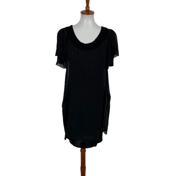 Black 100% Silk Sheer Flutter Sleeve Tunic Dress Womens Large Boho Minimalist - Picture 1 of 6